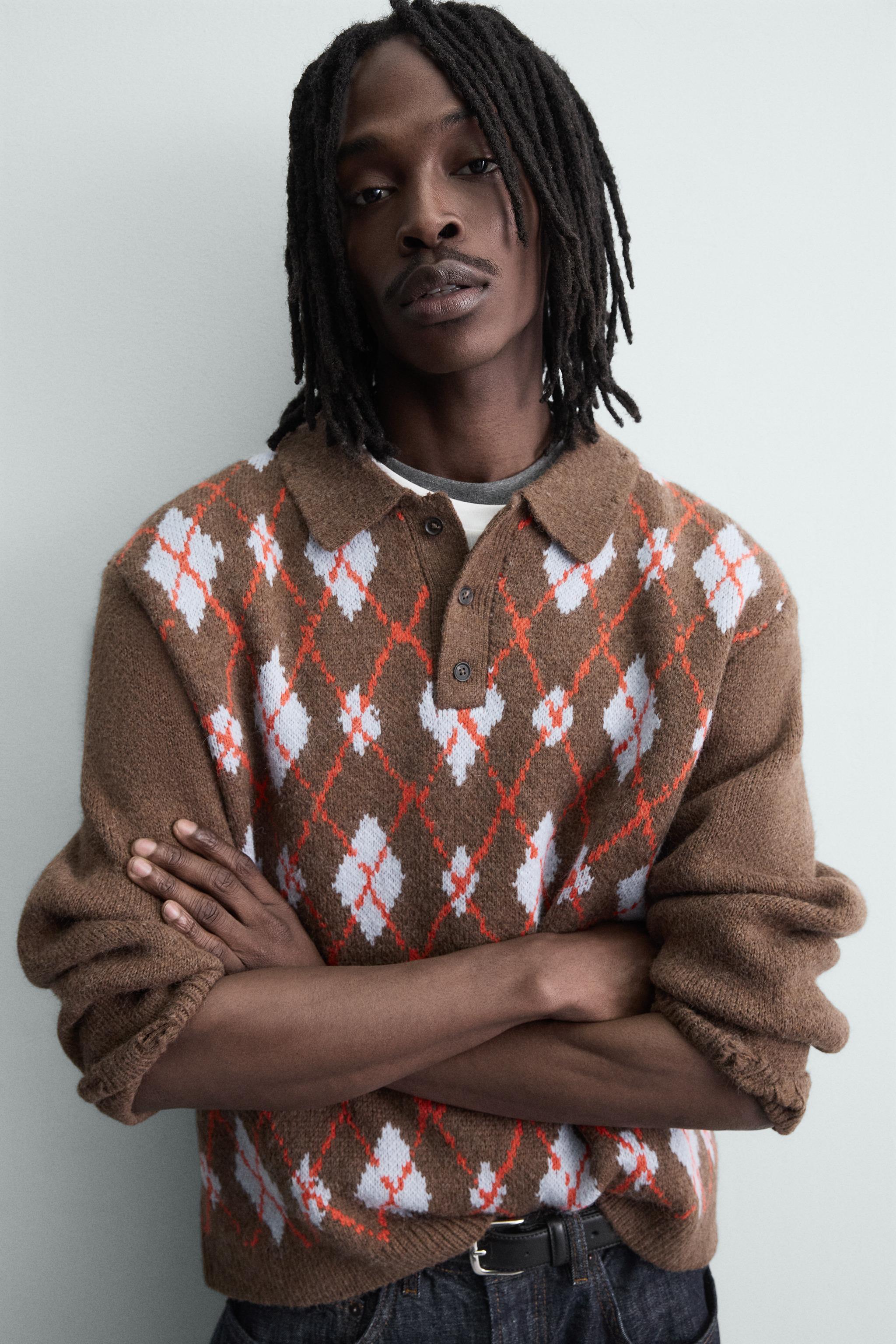 KNIT LOZENGE PATTERN POLO WITH DISTRESSED EFFECT